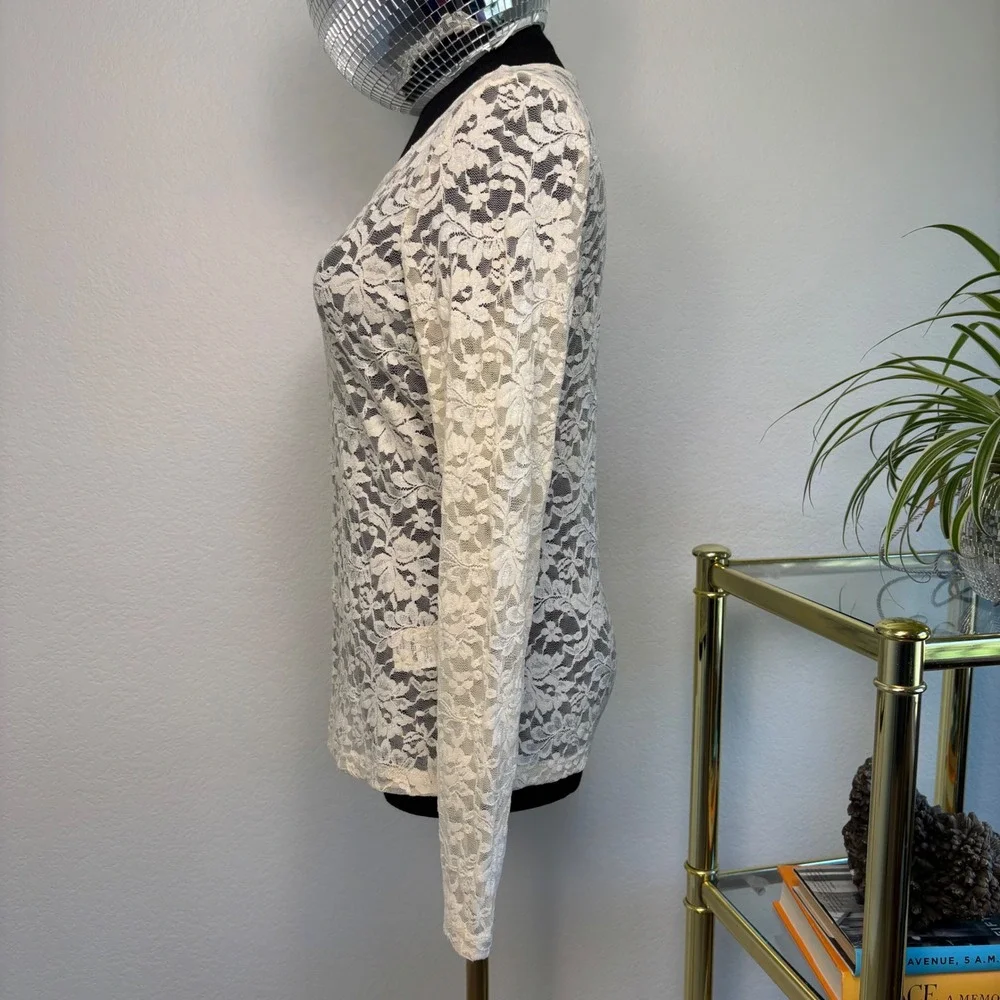 By Anthropologie Long Sleeve Lace Crew Neck Top, SMALL Almond Floral Sheer boho